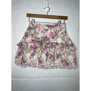 LoveShackFancy White Cream Ruffled Skater Mini Skirt Size 0 Pink Floral